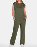 Women's Solid Tank Top & Drawstring Waist Wide Leg Pants Two-piece Set