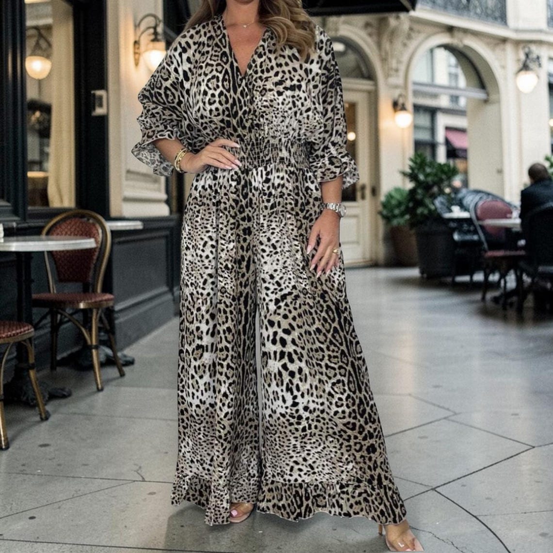 Leopard print casual loose jumpsuit