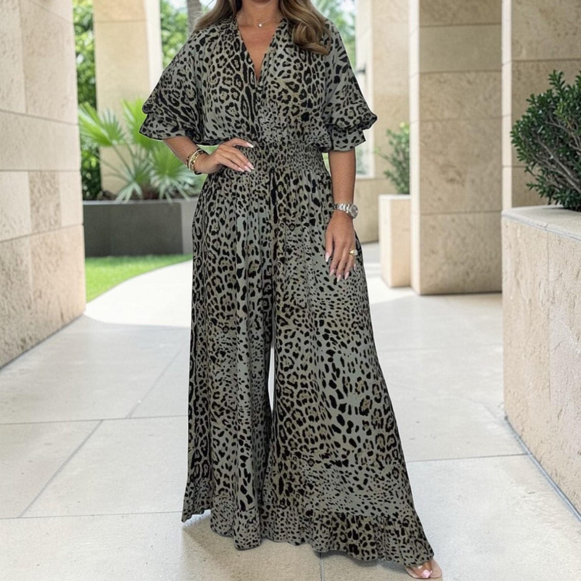 Leopard print casual loose jumpsuit