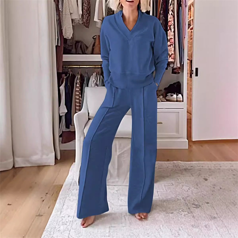 Women's Solid Color V-neck Top & Pants Two-piece Set