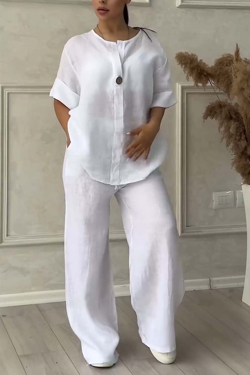 Women Casual button decorated cotton and linen two-piece set